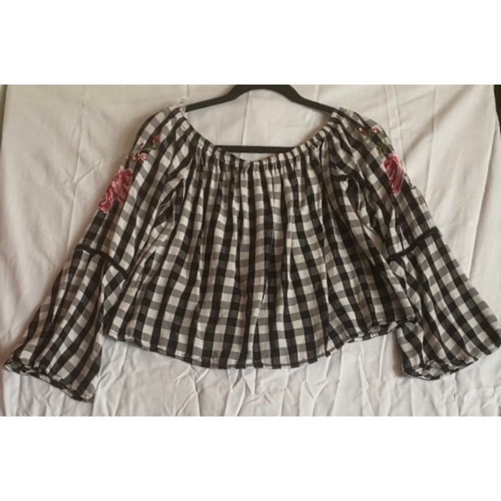 Plaid Bell Sleeve Blouse- Size Medium